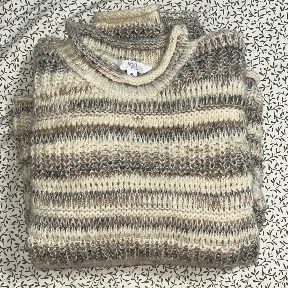 Time and Tru Women's Striped Crewneck Sweater - Cream and Gray